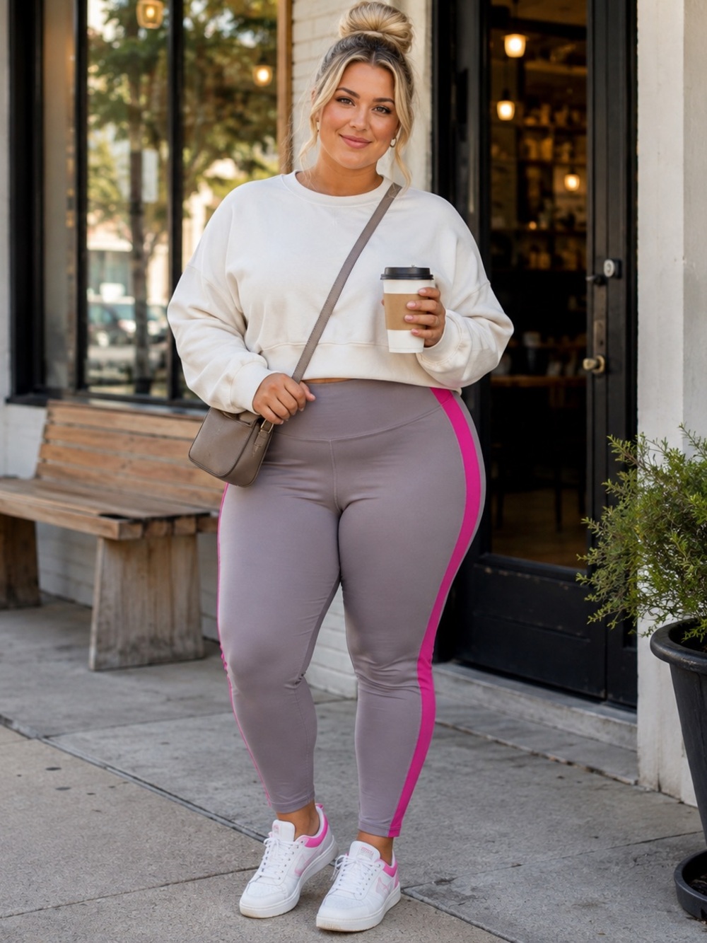High-Rise Taupe Leggings with Pink Side Stripe